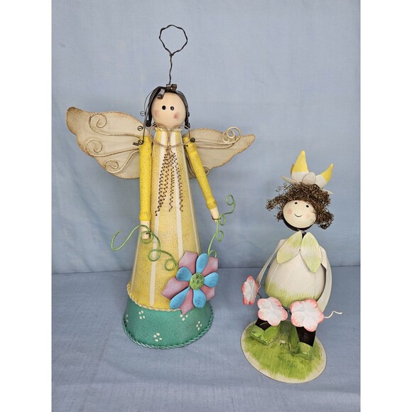Angel Figurines Metal Wire Art Set of 2 Hanging Patio Garden Hand Made Decor - Picture 1 of 11